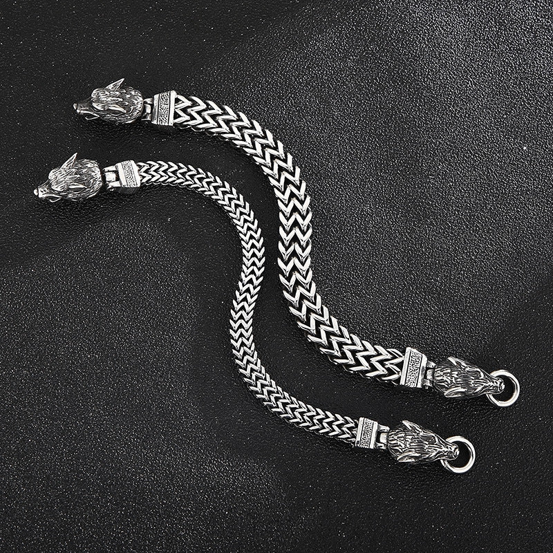 Woven Double-Row Fish Scale Bracelet with Retro Wolf Head Design for Men