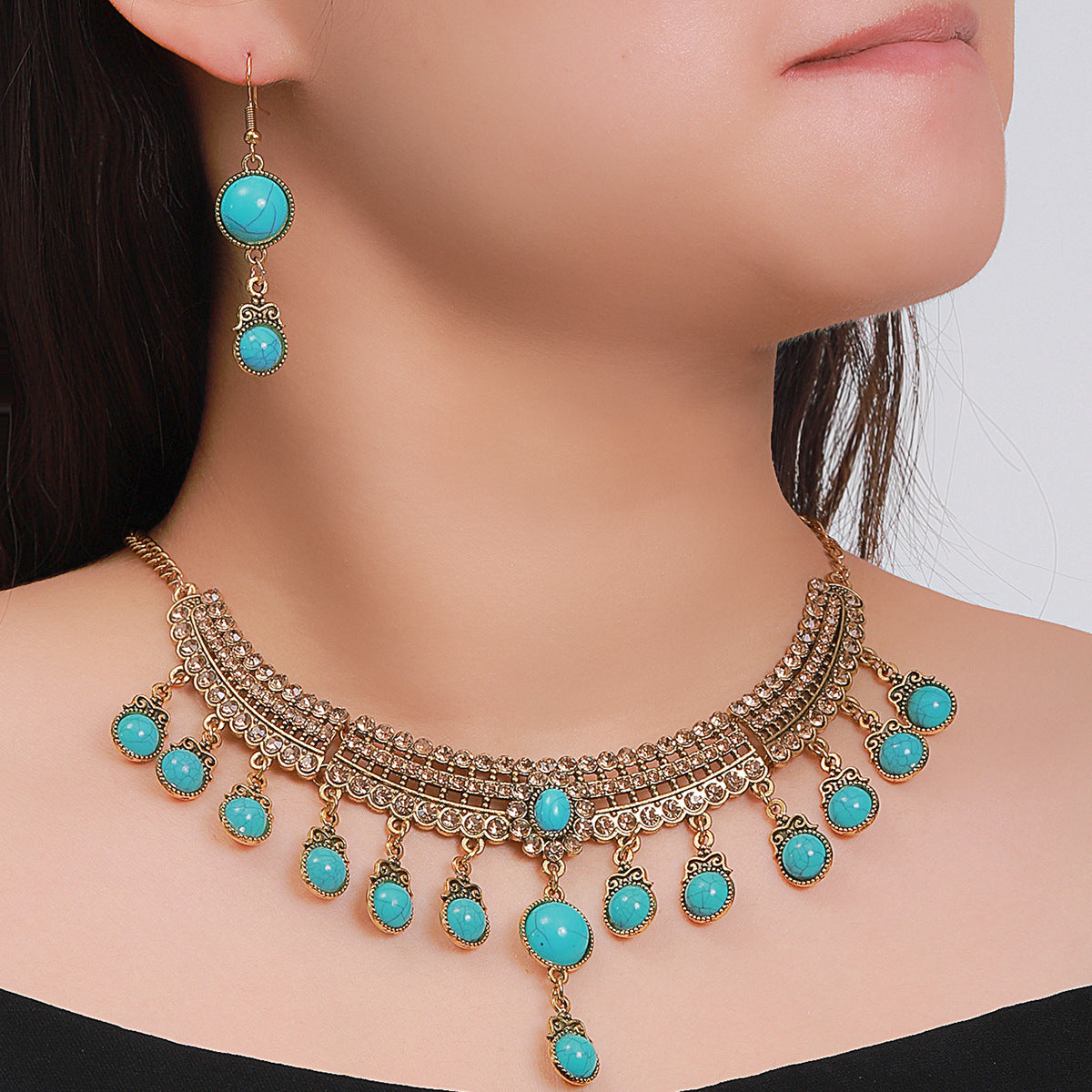 Turquoise Tassel Necklace Set Ethnic Middle Eastern Bride Jewelry