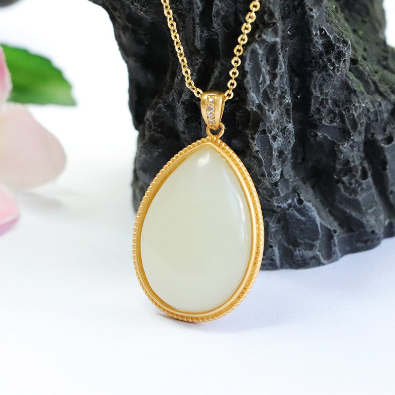 Droplet White Jade Necklace with Sterling Silver Pendant