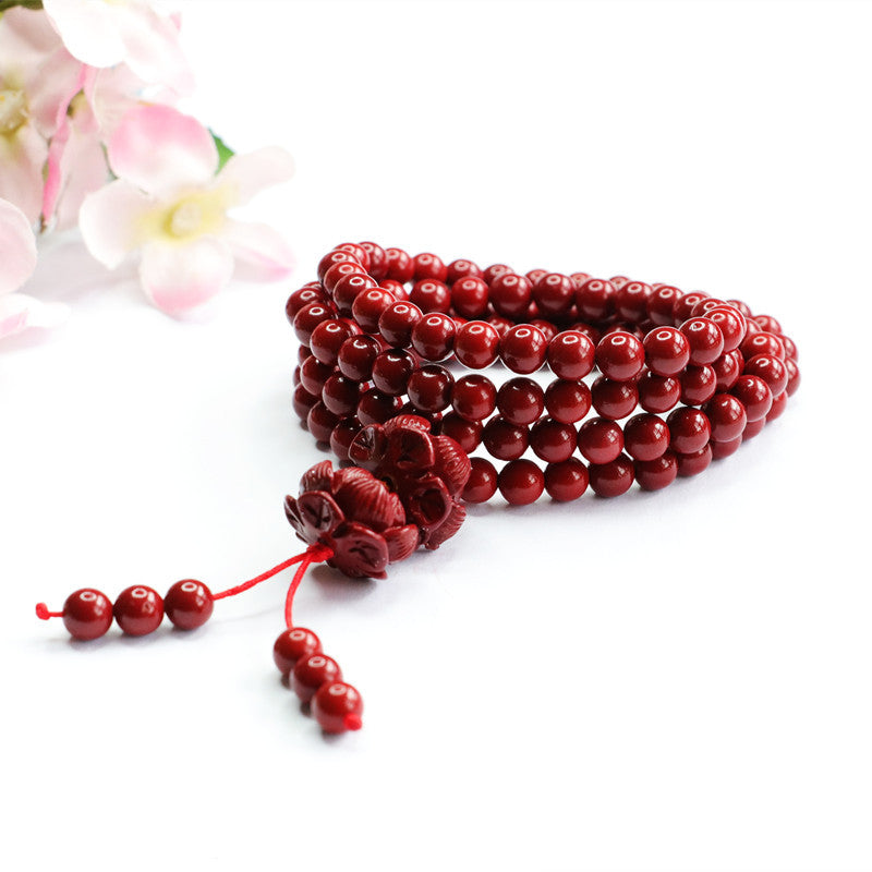 Buddha Beads Bracelet with Cinnabar Stone and Sterling Silver