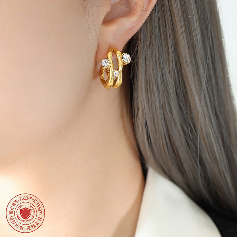 Hong Kong Chic Titanium Steel Earrings with Zircon Detailing - Elegant Geometric Jewelry for Women