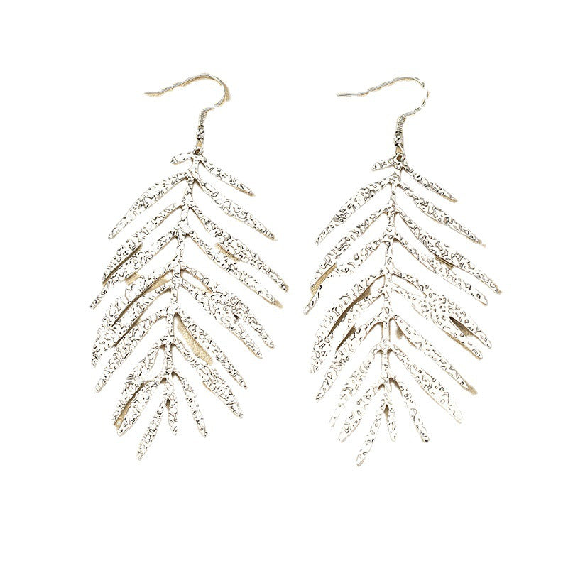 Exaggerated Feather Metal Earrings with Retro European Charm