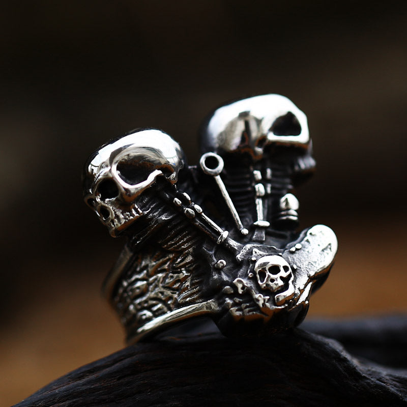 Retro Engine Wrench Skull Ring for Men - European and American Locomotive Style Stainless Steel in Titanium Steel