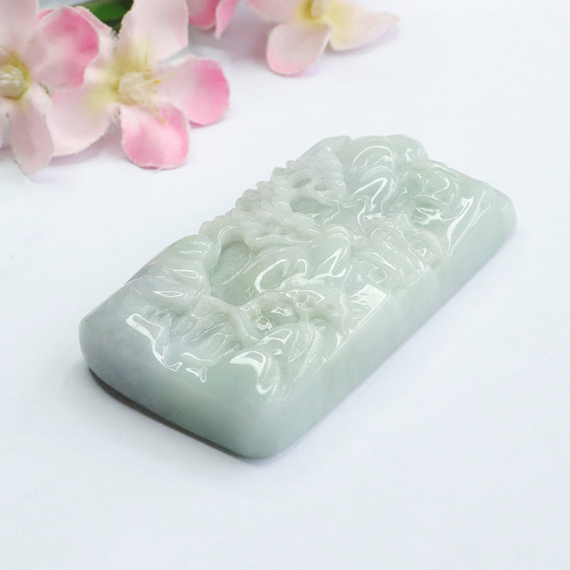 A-grade Jade Pendant with Thick Landscape Carving and Sterling Silver Needle