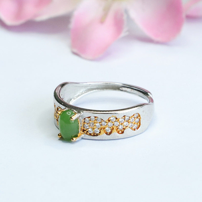 Oval Sterling Silver Jade Ring with Golden Wave Zircon