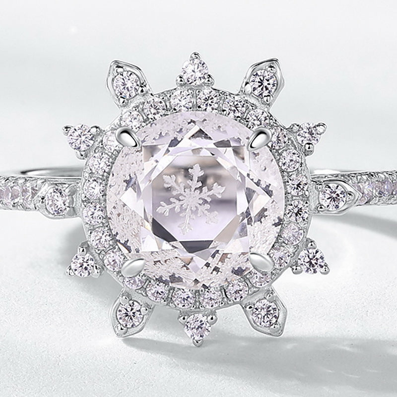 Christmas Winter Snowflake White Crystal Sterling Silver Ring