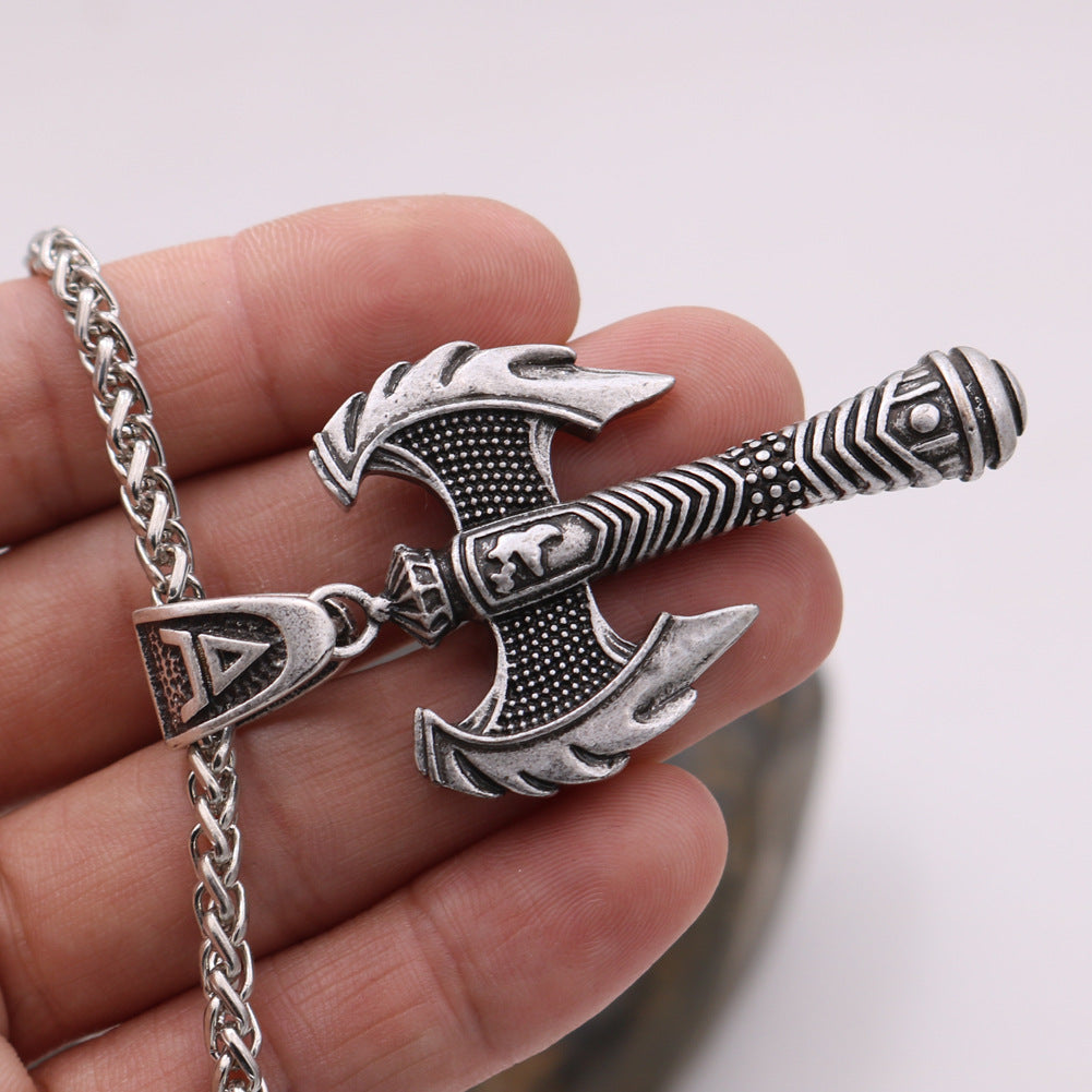 Norse Legacy Metal Necklace with Viking Odin Hammer Pendant - Battle Axe Design