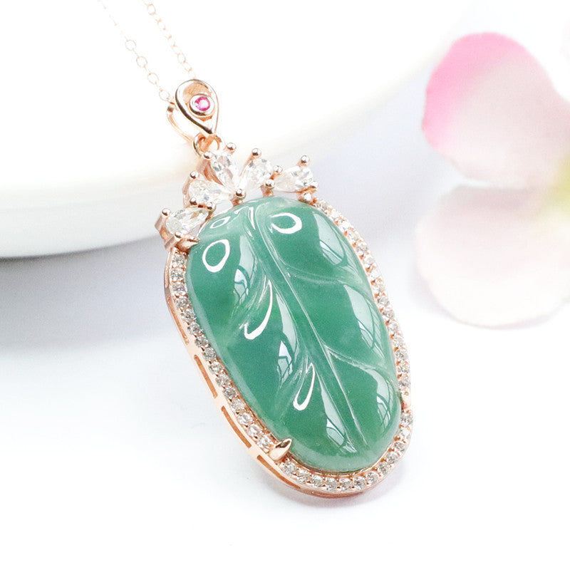 S925 Sterling Silver Necklace with Natural Jade Leaf Pendant and Zircon Accents