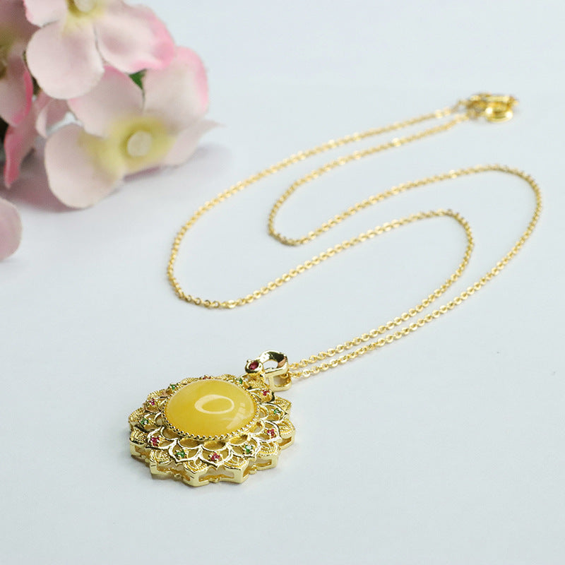 Sunflower Amber Pendant Necklace with Beeswax Hollow Sunburst Gold Charm