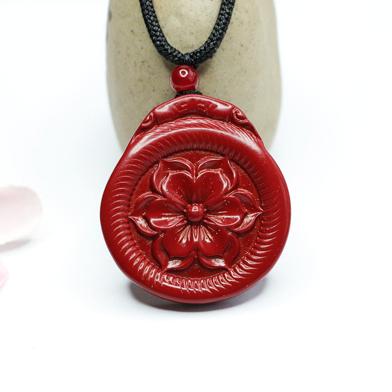 Elegant Vermilion Sand and Cinnabar Stone Lotus Pendant