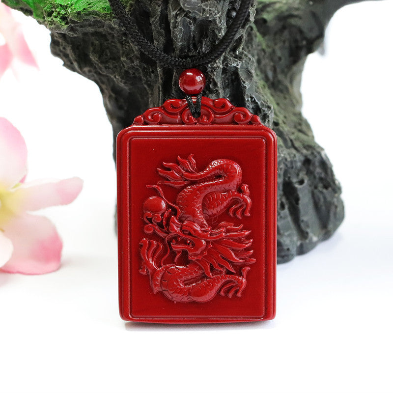 Cinnabar Pendant Purple Sand Double-sided Carving Dragon and Phoenix Square Brand Jewelry