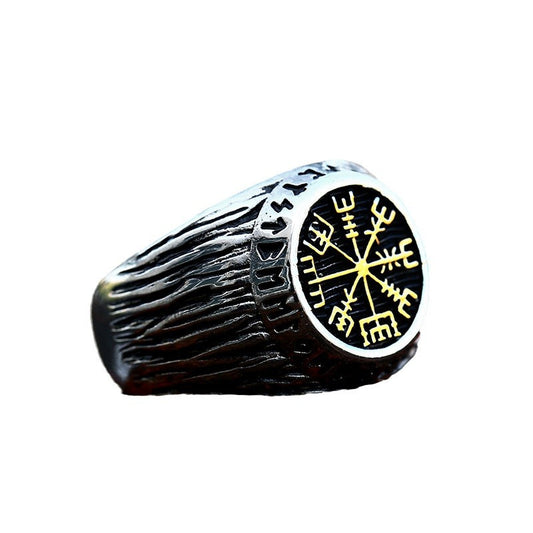 Titanium Steel Viking Compass Ring for Men - Retro Stainless Steel with Old Viking Letter Design