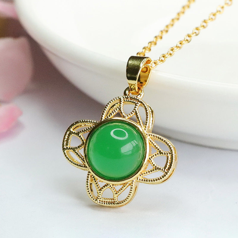 Green Chalcedony Floral Hollow Pendant with Sterling Silver Crown