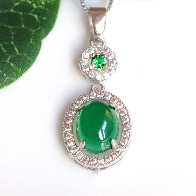 Green Chalcedony Zircon Oval Pendant - Sterling Silver Jewelry