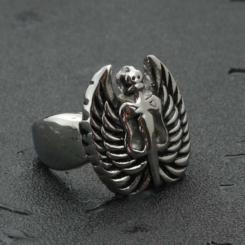 Titanium Steel Wing Cross Sword Ring for Men - Retro Punk Jewelry Direct from Manufacturer