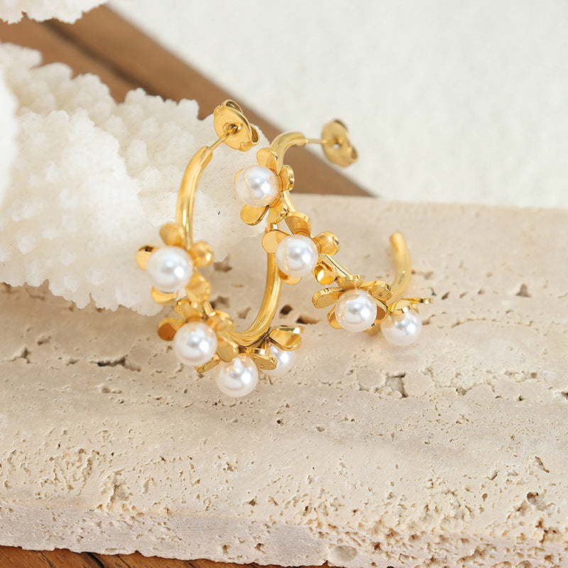 Korean-Inspired Gold-Plated Flower Earrings with Imitation Pearls