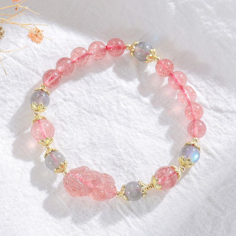 Strawberry Crystal Pixiu Bracelet with Gray Moonlight for Wealth Transfer