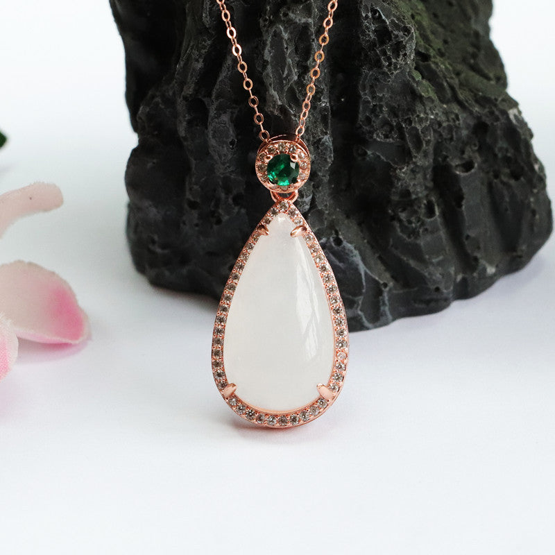 Water Droplet White Jade Necklace with Sterling Silver Jade Pendant