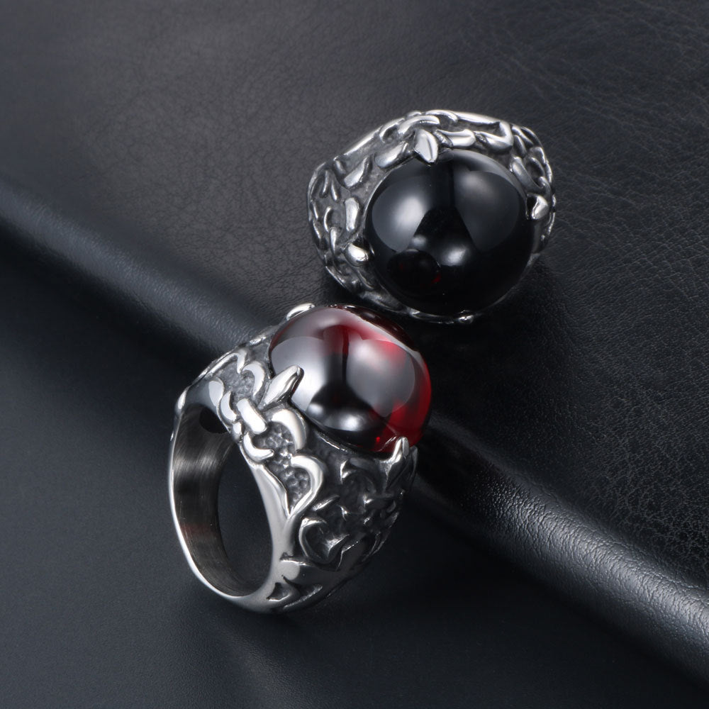 Retro Elegant Titanium Steel Red and Black Gemstone Flower Couple Ring, Custom Trendy Men's Band