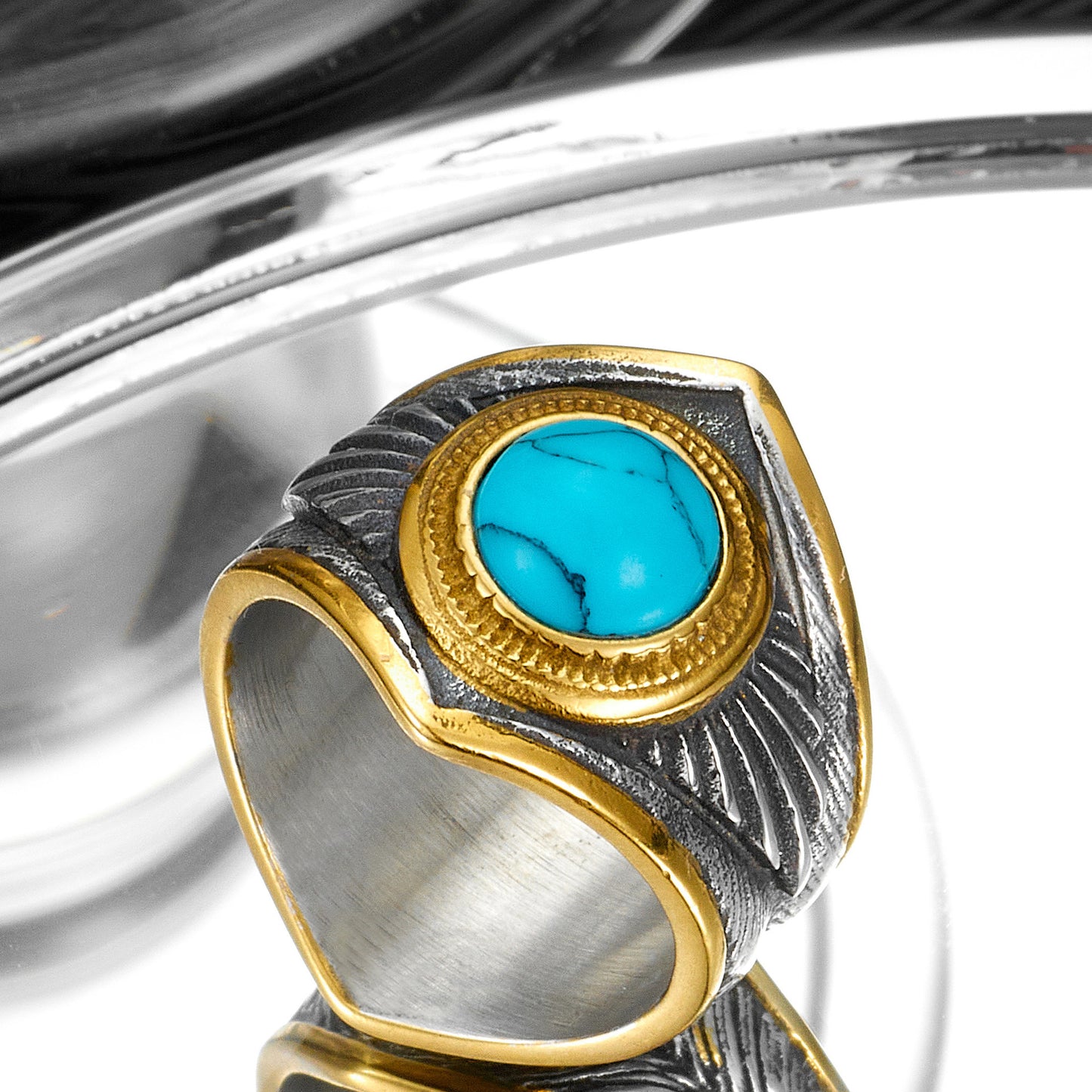 Literary Blue Turquoise Feather Men's Titanium Steel Ring