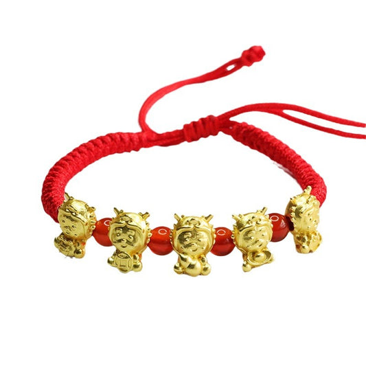 Five Fortune Agate Bracelet with Golden Dragon