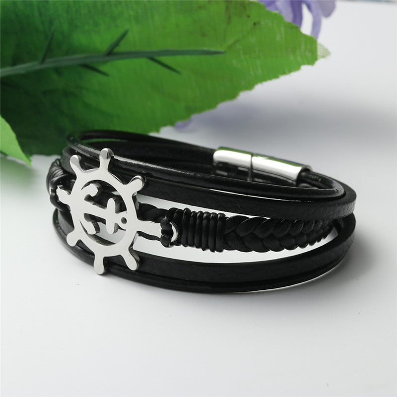 Titanium Steel and Leather Punk Hollow Rudder Bracelet for Men