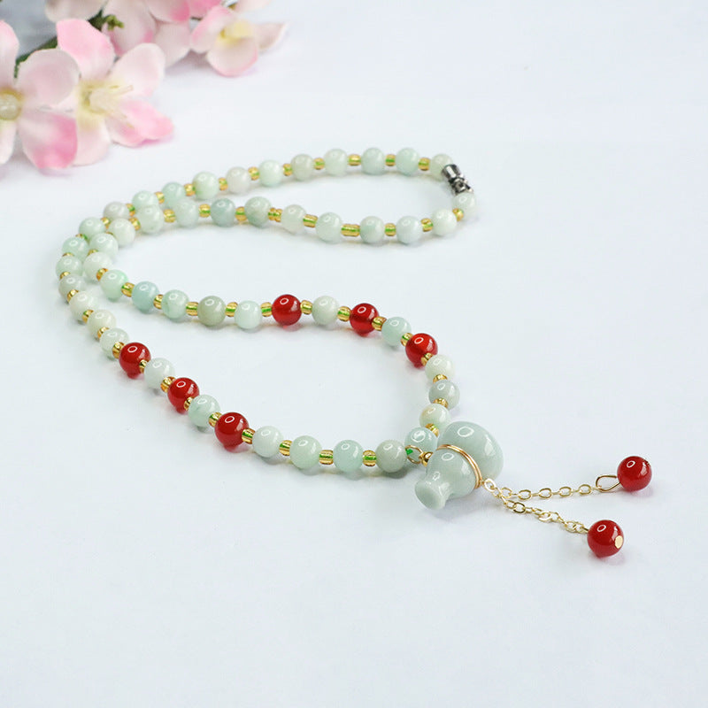 Natural Jade Necklace Jade Gourd Lifting Red Agate Bead Chain