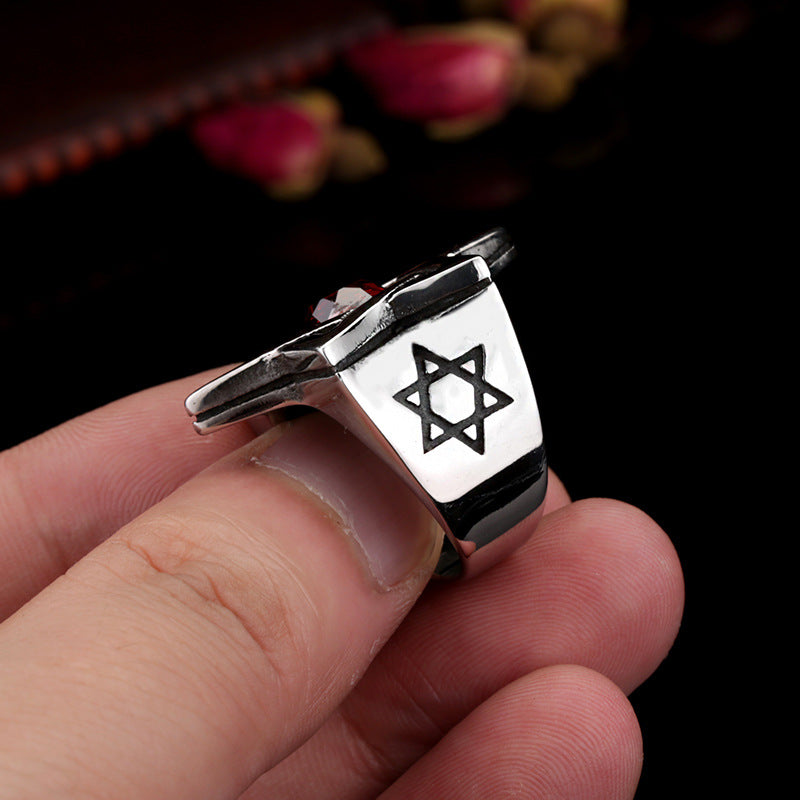 Men's Hexagram Ring in Titanium Steel with Zircon Inlay - Retro European and American Style Jewelry