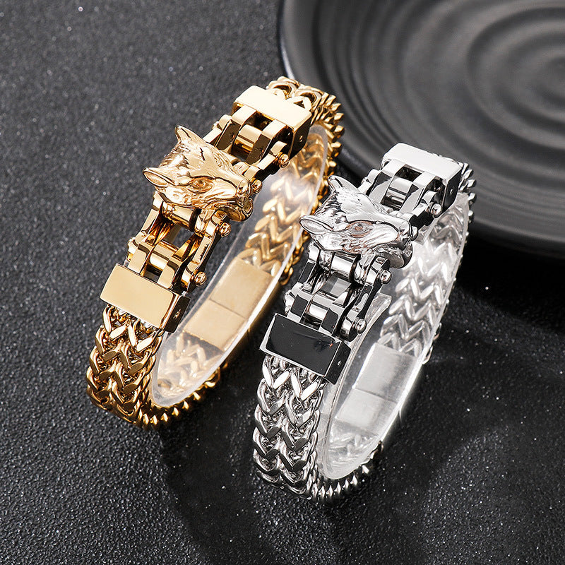 European and American Hip-Hop Style Electroplated Wolf Head Titanium Steel Bracelet for Men