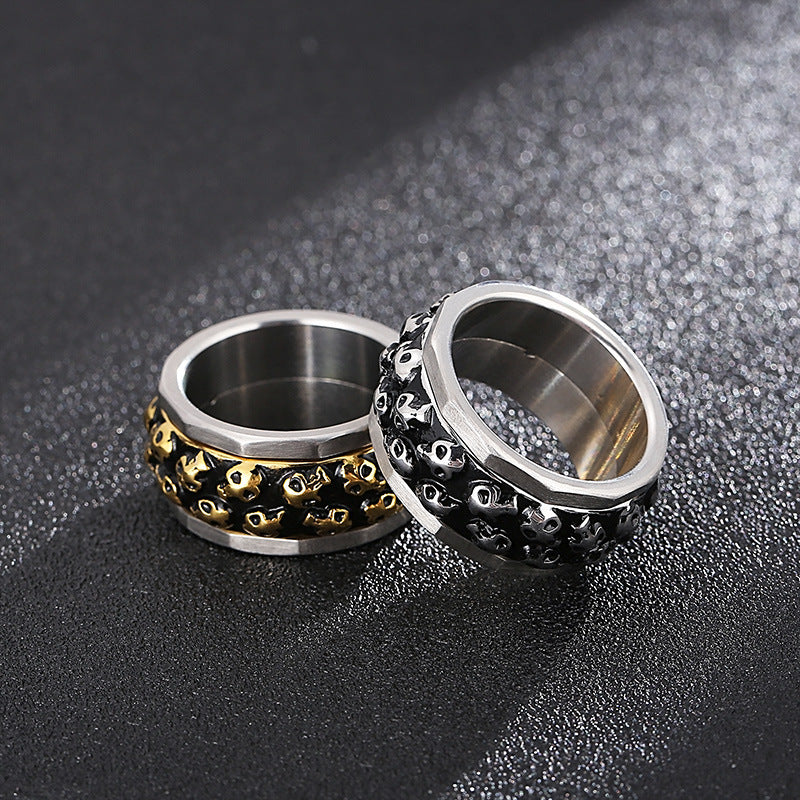 Wholesale European and American Punk Style Rotatable Double-Row Skull Titanium Steel Men's Ring for Dominant Personalities