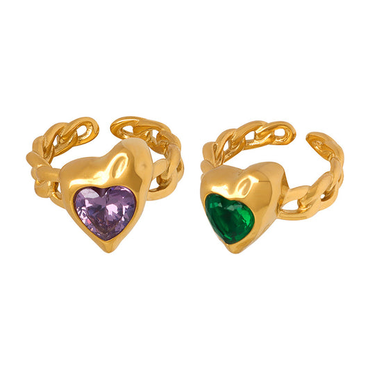 Elegant Purple Zircon and Green Crystal Heart Ring - Premium Titanium Steel Jewelry