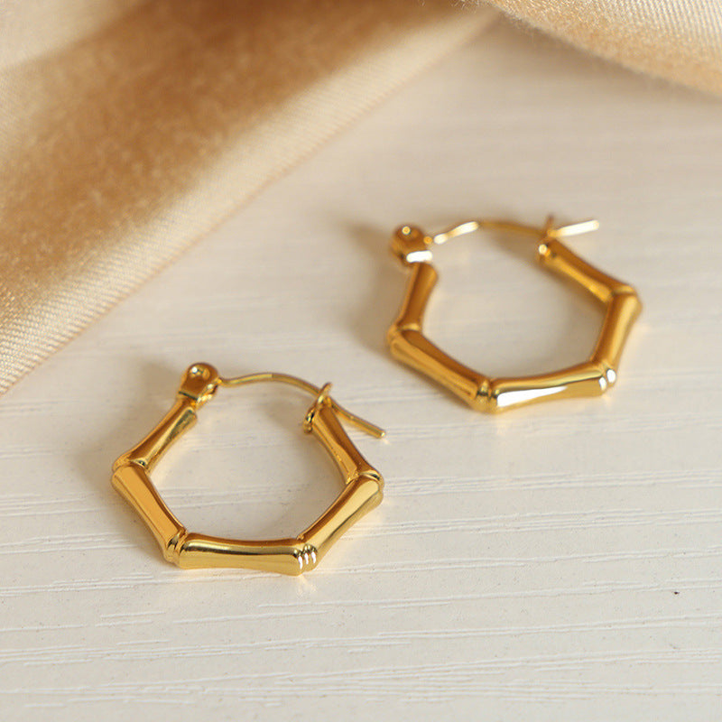 Honeycomb Hexagonal Titanium Gold-Plated Earrings in Geometric Design for Fashion-Forward Women