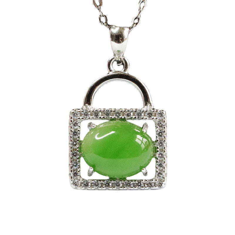 S925 Silver Natural Hetian Jade Pendant Oval Jasper Zircon Handbag Necklace