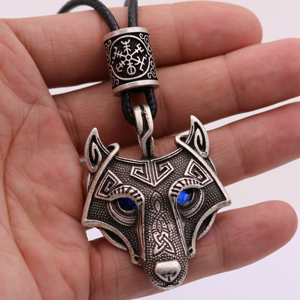 Viking Wolf Head Necklace with Celtic Knot Rune Beads for Men from Norse Legacy Collection