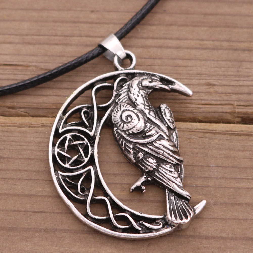 Viking Crow Necklace with Moon Alloy Pendants for Men