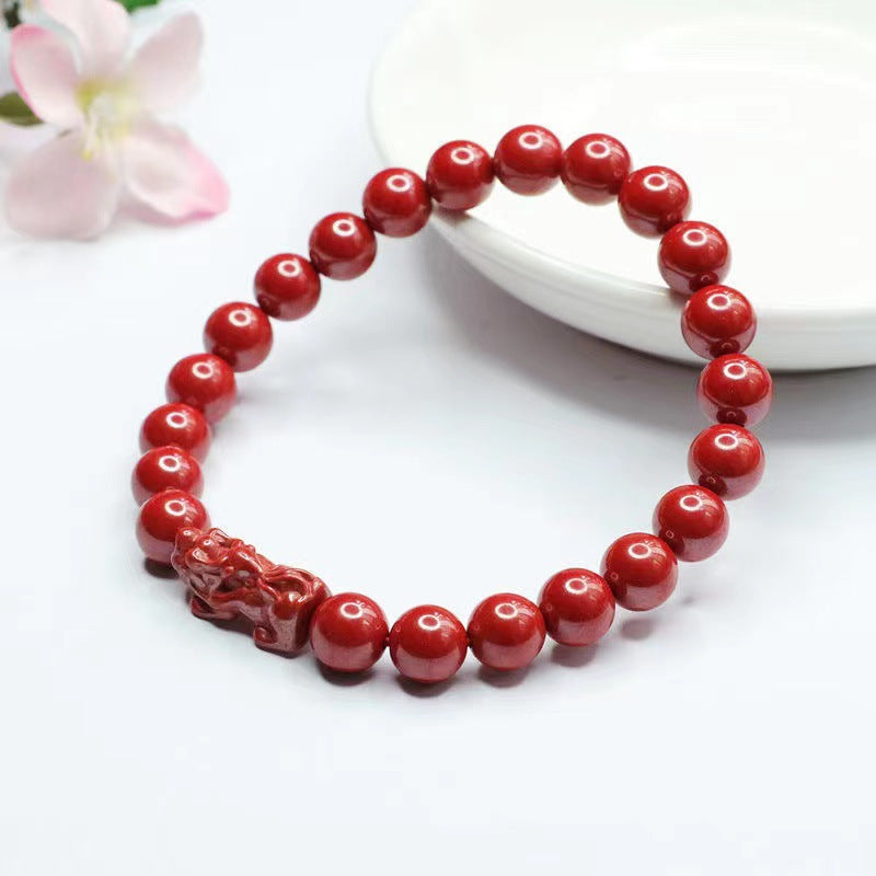 Cinnabar Stone Pixiu Sterling Silver Bracelet