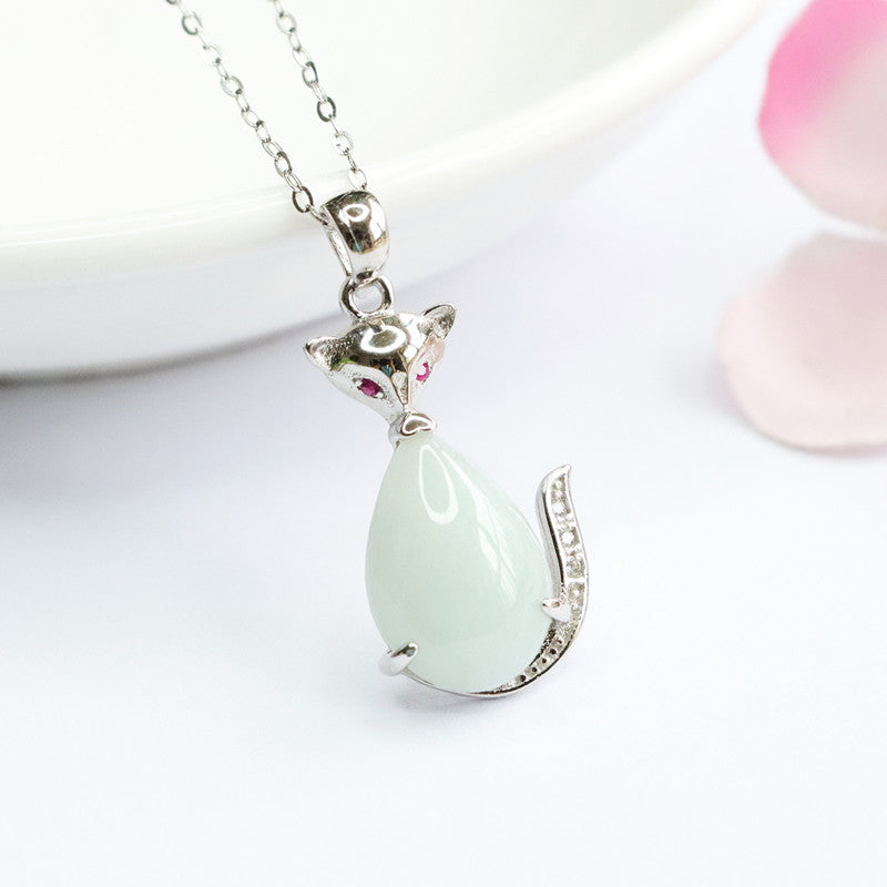 Sterling Silver Fox Pendant Necklace with Natural Jade