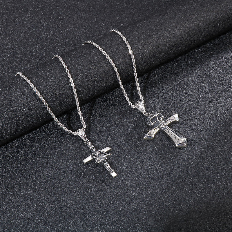 Vintage-Inspired Men's Stainless Steel Pendant with Dominant Cross Skull Design