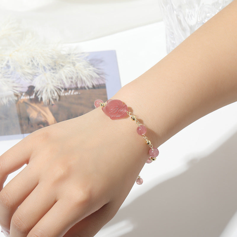 Lucky Strawberry Crystal Fox Bracelet - Sterling Silver Female Gift