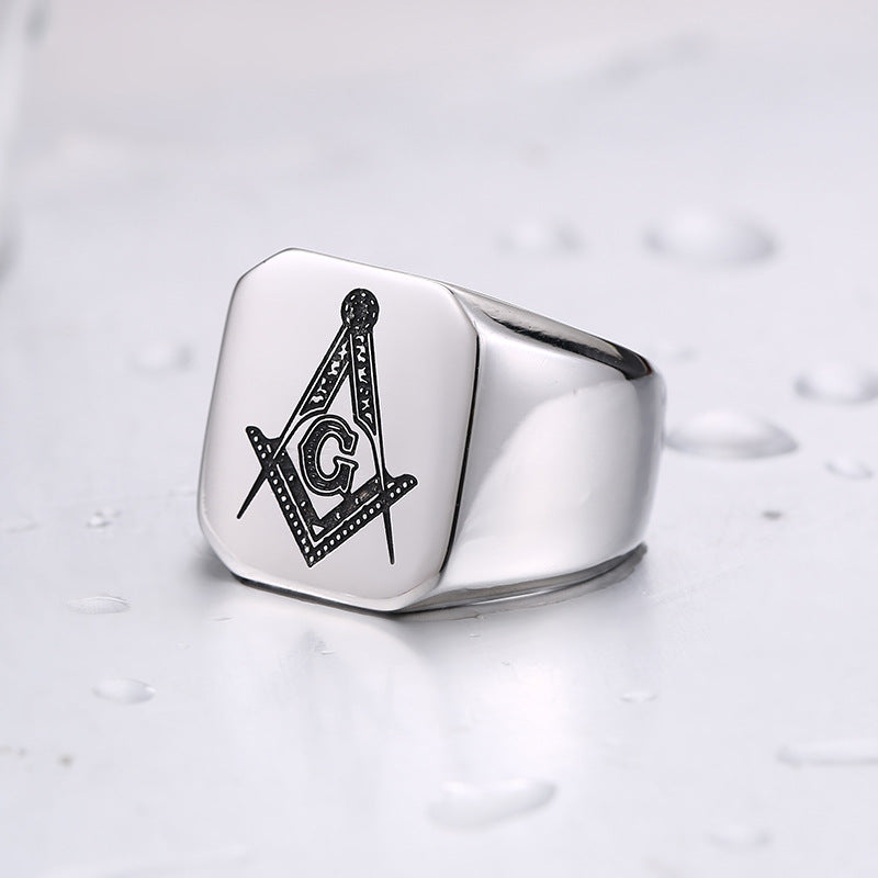 Freemason Double-Headed Eagle Logo Stainless Steel Ring for Men - Simple Letter G Titanium Steel Design