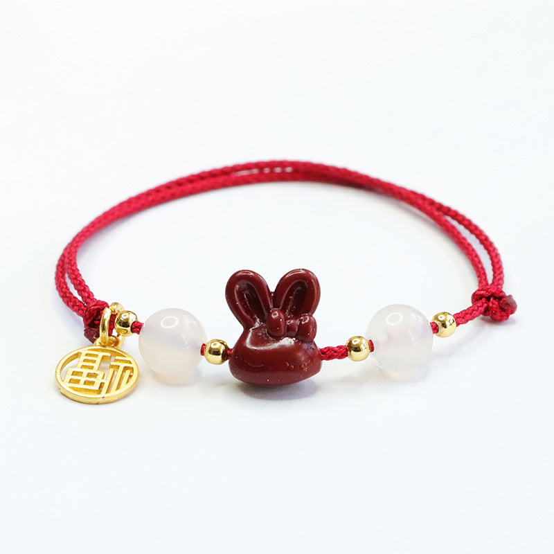 Handwoven Red Cinnabar Rabbit Head Bracelet