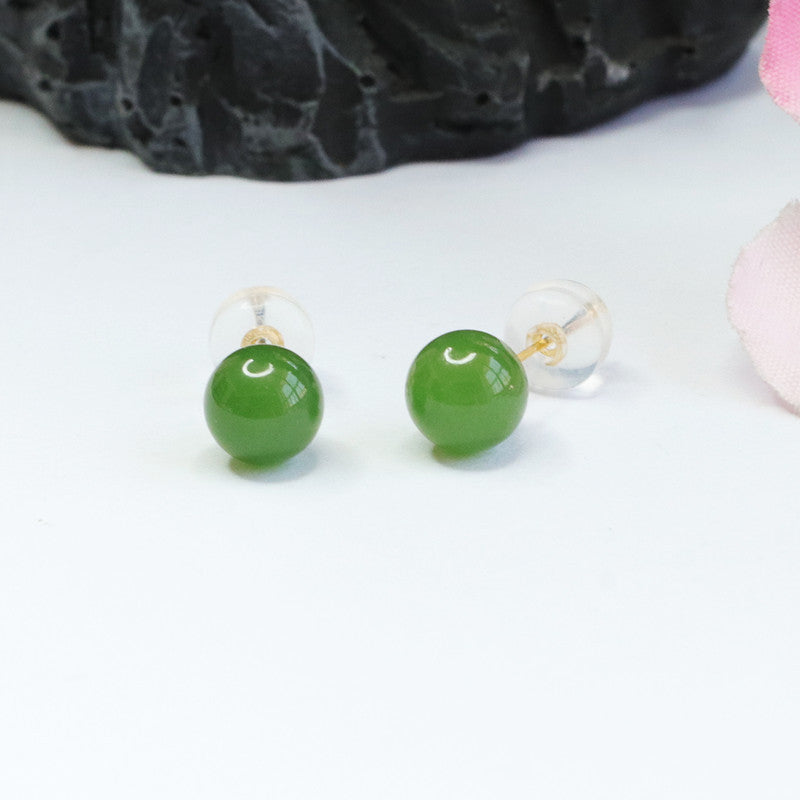 Ear Studs with Natural Hotan Jade Jasper Round Beads - Sterling Silver Jewelry