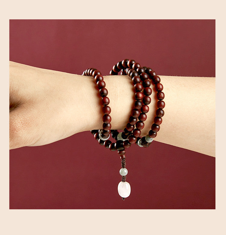 Fortune's Favor Sterling Silver Bracelet with Small Leaf Red Sandalwood and Hetian Jade Beads