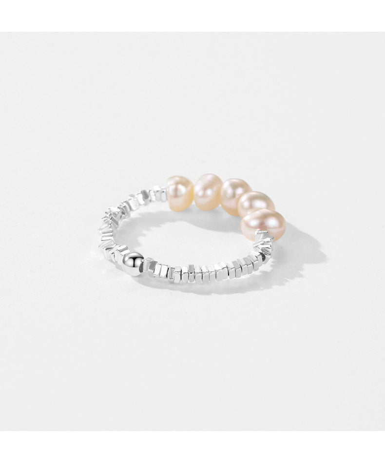 Elegant Adjustable Sterling Silver Ring with Natural Pearl and Zircon Embellishments