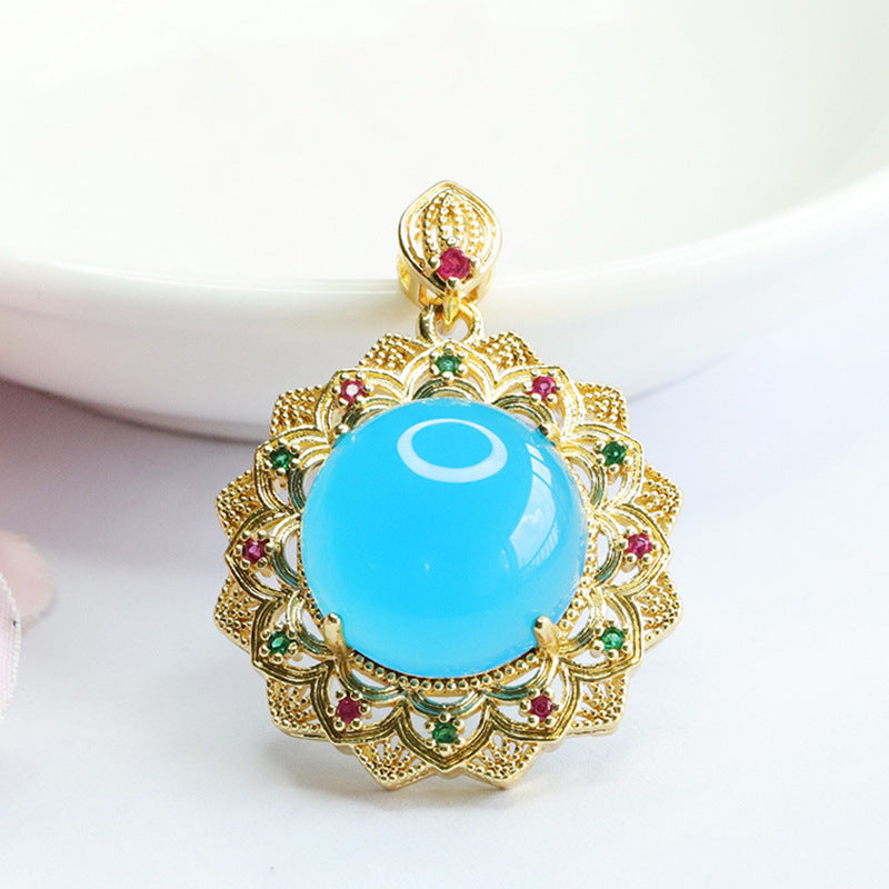 Ice Blue Chalcedony Zircon Sunflower Pendant