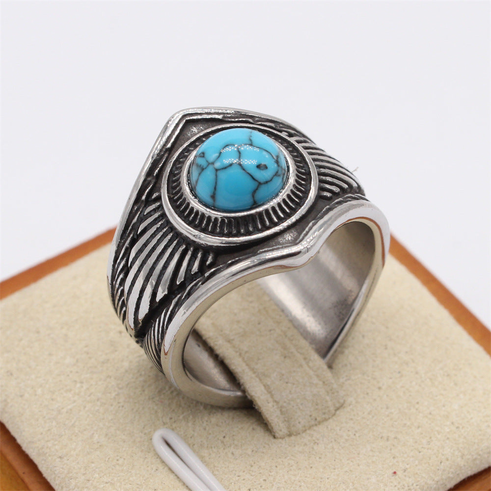 Literary Blue Turquoise Feather Men's Titanium Steel Ring