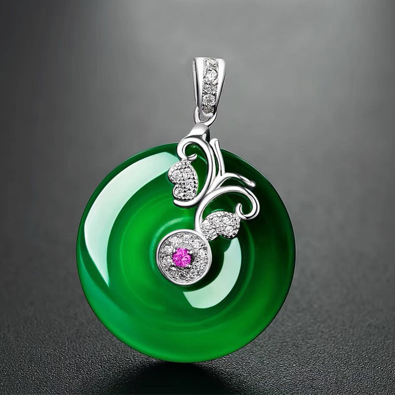 Green Chalcedony Zircon Butterfly Pendant with Safety Buckle