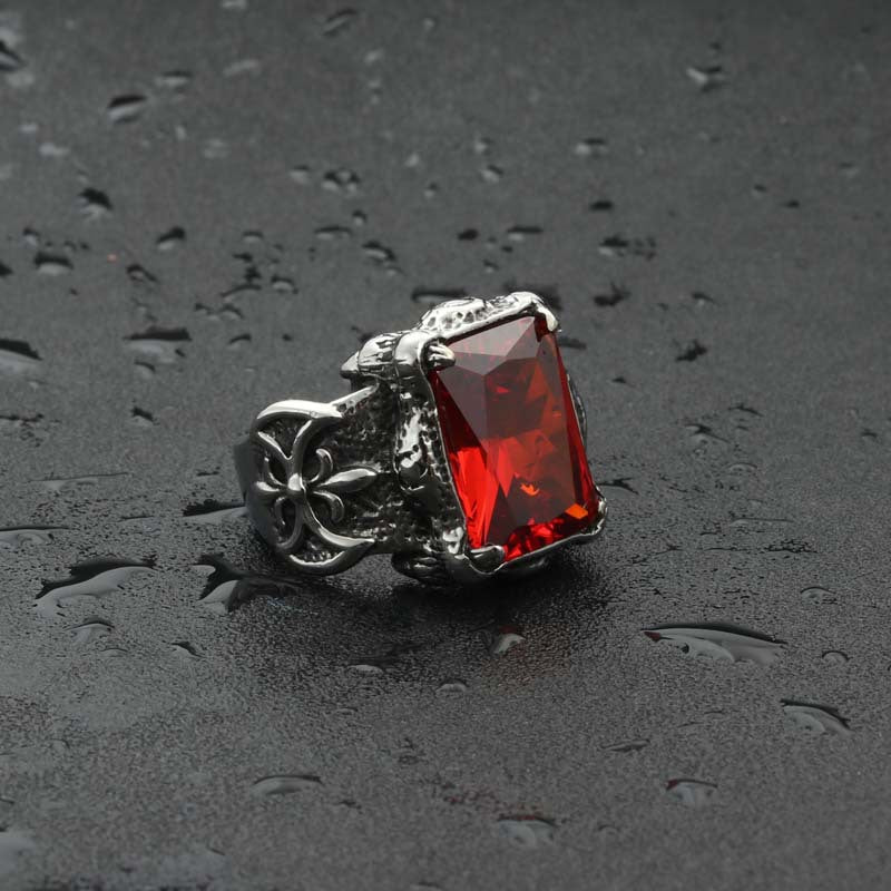 Retro Hipster Punk Titanium Steel Ring with Red Zircon Inlay for Men - Premium Stainless Steel Accessory Direct from Manufacturer