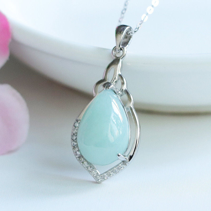 Sterling Silver Water Drop Jade Necklace with Zircon Accents