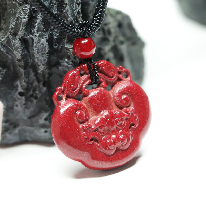 Antique Cinnabar Ruyi Pendant with Sterling Silver Detail